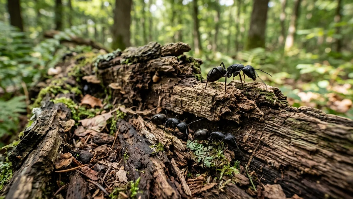 Grosses fourmis noires qui circulent sur un tronc mort couvert de mousse dans une forêt de feuillus