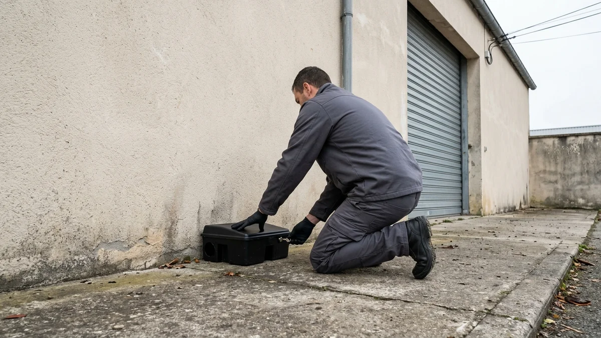 Technicien en tenue grise et gants noirs, à genoux, déverrouillant avec sa clé un poste d’appâtage noir posé au pied du mur crépi d’un bâtiment d’activité