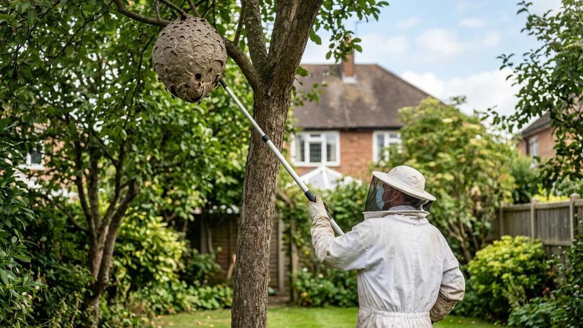 Professionnel en tenue de protection visant avec une perche télescopique un nid de frelon asiatique dans un arbre de jardin