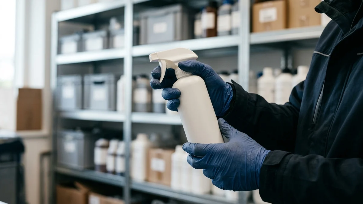 Professionnel en gants bleus tenant un pulvérisateur blanc sans étiquette devant des étagères de flacons, de bacs et de cartons dans une réserve technique