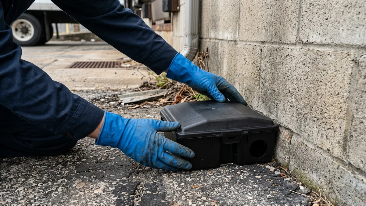 Technicien de dératisation ganté posant une boîte d’appât rodenticide sécurisée contre le mur extérieur d’un entrepôt