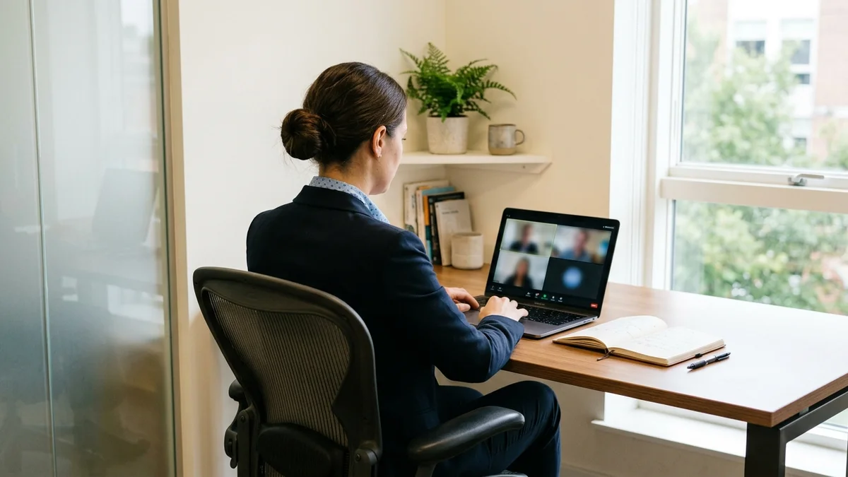 Professionnelle vue de dos suivant une formation en visio sur un ordinateur portable, carnet de notes à côté