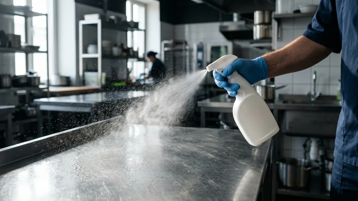 Main gantée pulvérisant un désinfectant sur un plan de travail en inox dans une cuisine professionnelle