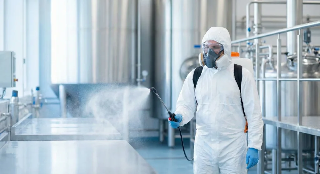 Opérateur réalisant une désinfection en utilisant des produits biocides