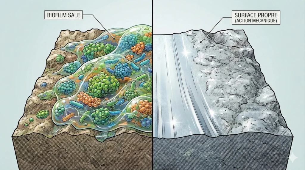 Vue en coupe macroscopique 3D divisée en deux parties au sein d'une formation certibiocide désinfectant. À gauche : une surface sale couverte d'un biofilm bactérien gluant et complexe. À droite : la même surface étincelante et propre après une action mécanique. 