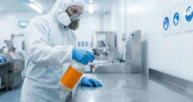 Opérateur réalisant une opération de désinfection avec un produit biocide.