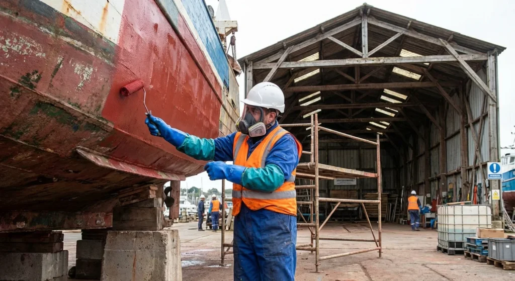 Technicien professionnel appliquant une peinture antifouling sur la coque d'un navire en cale sèche, avec charpente en bois visible en arrière-plan