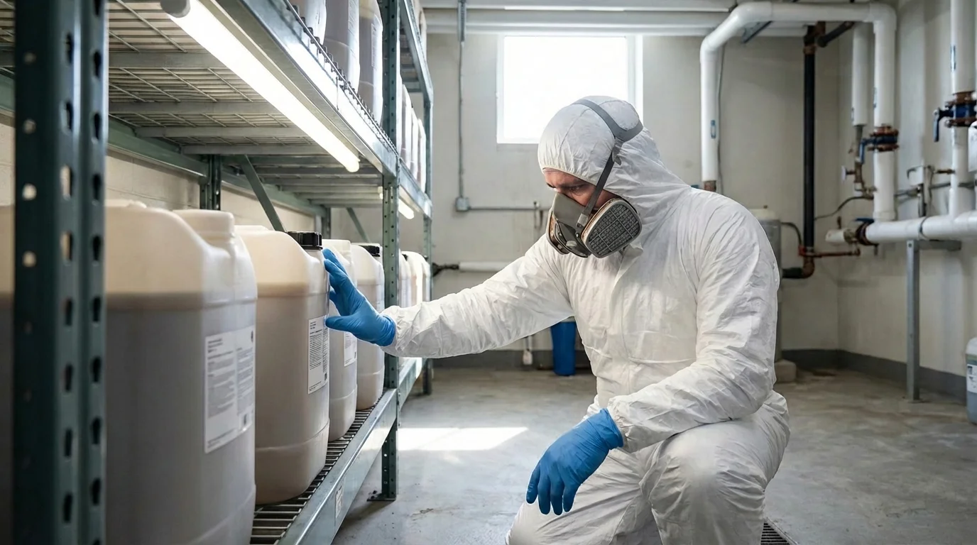 Technicien de désinfection inspectant des produits biocides dans un entrepôt professionnel