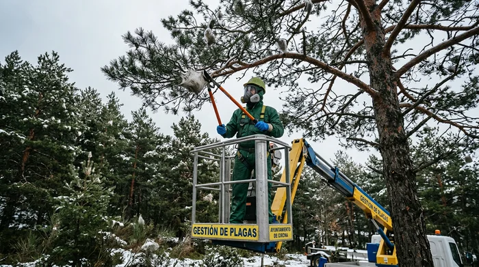 Agent municipal retirant un nid de chenilles processionnaires du pin avec une nacelle