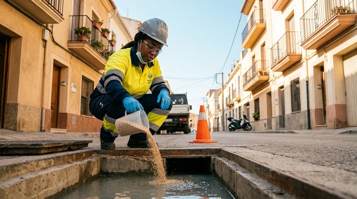 Technicien de santé publique traitant une eau stagnante contre le moustique tigre avec du larvicide