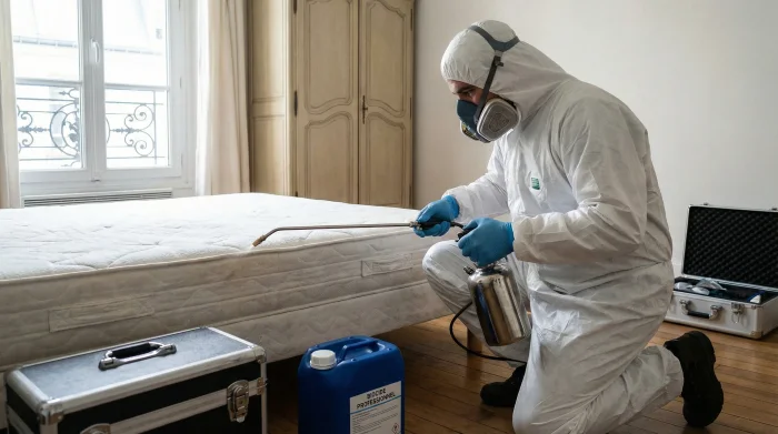 Technicien en combinaison de protection traitant un matelas contre les punaises de lit avec un pulvérisateur professionnel