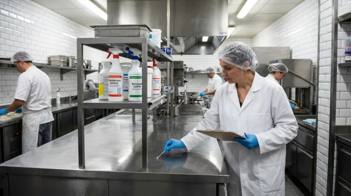 Inspectrice en blouse blanche vérifiant la désinfection des surfaces dans une cuisine professionnelle avec produits biocides TP4