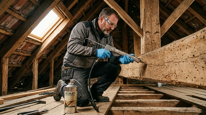 Spécialiste traitement du bois injectant un produit biocide TP8 dans une charpente