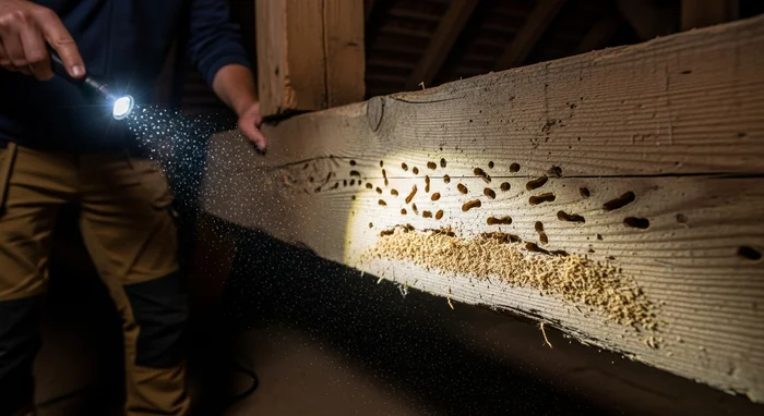 Technicien inspectant une poutre de charpente infestée par le capricorne des maisons
