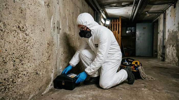 Technicien Certibiocide nuisibles posant une boîte d'appât rodenticide sécurisée en cave d'immeuble collectif