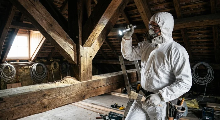 Applicateur TP8 en combinaison et masque A2P3 inspectant une charpente ancienne avec lampe, vermoulure visible sur la panne