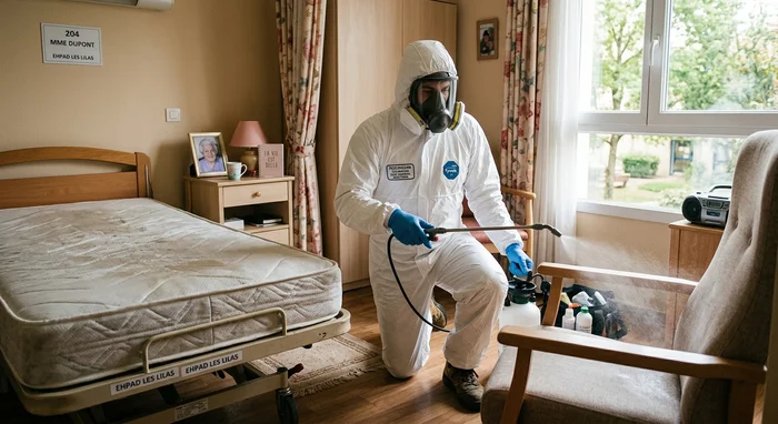 Applicateur Certibiocide TP18 en EPI traitant une chambre d'EHPAD contre la gale sarcoptique