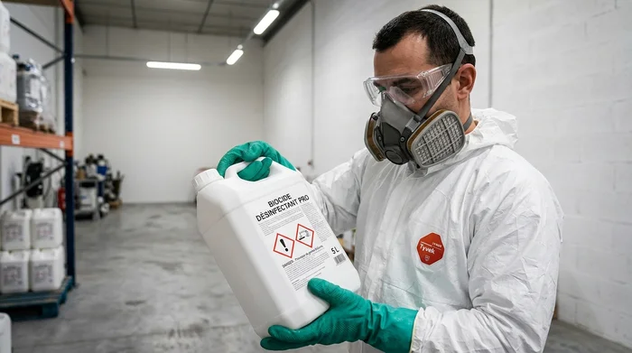 Applicateur Certibiocide en EPI complet lisant les pictogrammes CLP sur un produit biocide professionnel