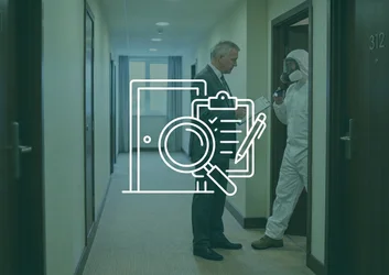 Couloir d'hôtel au petit matin avec un directeur en costume sombre consultant une check-list audit devant la chambre 311, un applicateur Certibiocide en combinaison blanche entrant en chambre 312 avec lampe de détection.