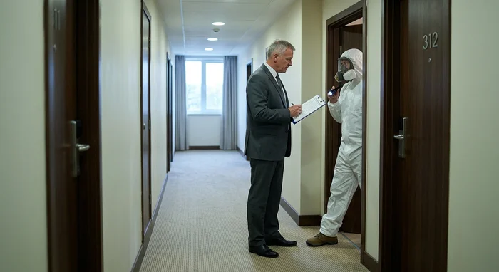 Couloir d'hôtel au petit matin avec un directeur en costume sombre consultant une check-list audit devant la chambre 311, un applicateur Certibiocide en combinaison blanche entrant en chambre 312 avec lampe de détection.