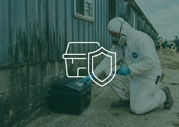 Applicateur Certibiocide en EPI installant une box d'appâtage rongeurs sécurisée le long d'un bâtiment d'élevage avicole.