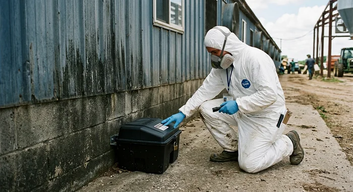 Applicateur Certibiocide en EPI installant une box d'appâtage rongeurs sécurisée le long d'un bâtiment d'élevage avicole.
