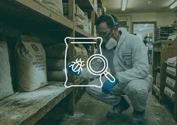Technicien de désinsectisation en EPI inspectant des sacs de farine dans une réserve de boulangerie