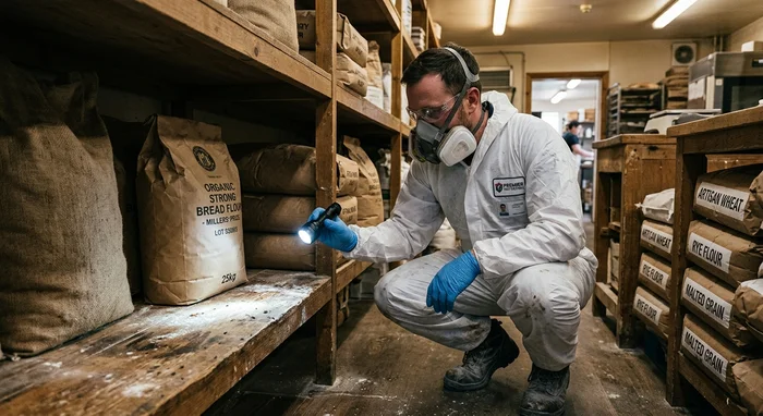 Technicien de désinsectisation en EPI inspectant des sacs de farine dans une réserve de boulangerie