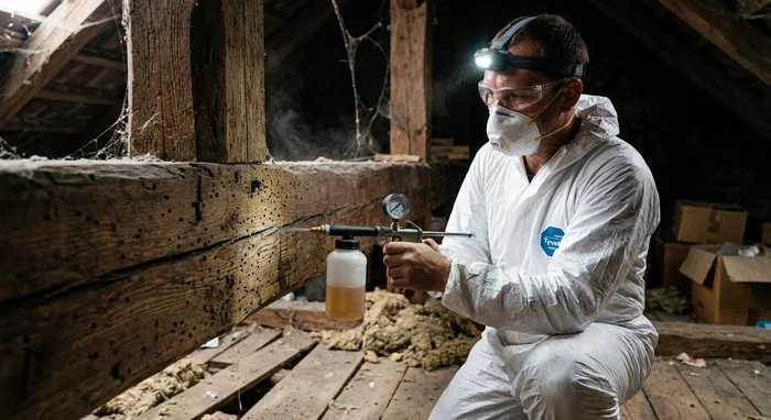 Technicien Certibiocide injectant un produit biocide TP8 dans une charpente infestée de vrillettes