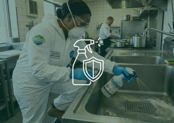 Applicateur Certibiocide désinfectant un siphon de plonge en cuisine professionnelle