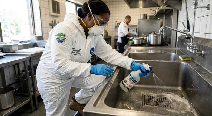 Applicateur Certibiocide désinfectant un siphon de plonge en cuisine professionnelle
