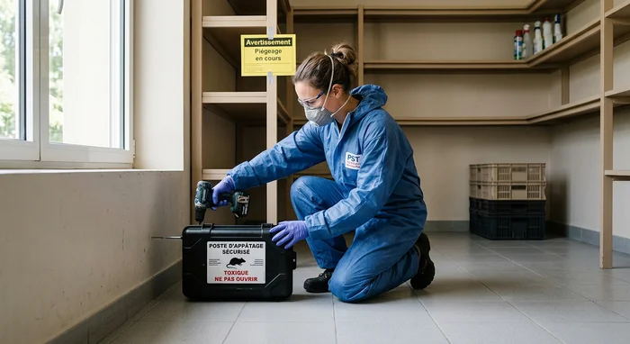 Applicateur Certibiocide installant un poste d'appâtage rongeurs sécurisé dans une école maternelle.