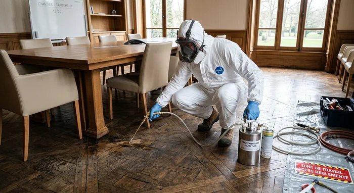 Traitement professionnel lyctus brun sur parquet de chêne bâtiment