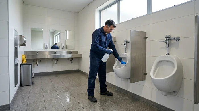 Technicien de maintenance en uniforme bleu et lunettes de sécurité brossant un urinoir collectif rincé à grande eau dans des sanitaires d'entreprise.