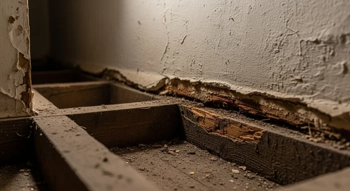 Solive en bois dégradée par l'humidité au pied d'un mur dans une cave confinée, contexte d'identification de la mérule sur chantier